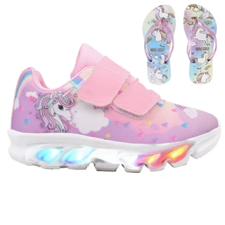 Tênis Infantil Feminino de Led Unicornio Menina Rosa Tira Colante com Chinelo Trc