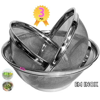 Kit com 3 Escorredor de Inox Aço Multiuso Tres tamanhos P arroz Salada legume 3 Peças