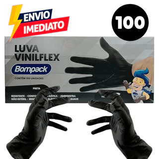 100 Luvas descartáveis de vinil para Proteção procedimentos estéticos Cozinha e Limpeza Vinilflex Preta Bompack Sem Pó Preta