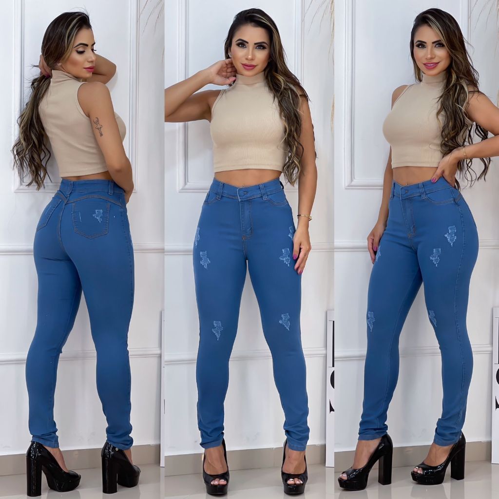 Calça Jeans Feminina Skinny Cintura Alta Blue Clean Puídos Modela Corpo ...
