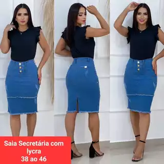Saia Jeans Secretária Moda Evangélica Barra Desfiada
