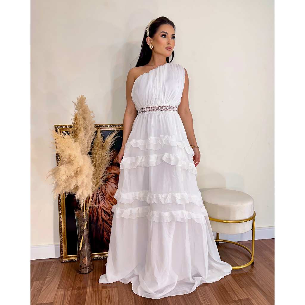 Vestido De Noiva Longo Simples Para Casamento No Civil Vestido Noiva Civil  Longo Rodado Tule Brilho Casamento Noivado
