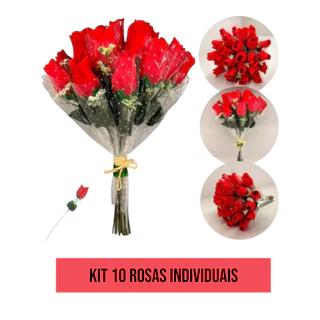 Kit 10 Rosas Vermelhas Artificiais Aveludadas com Embalagem P/ Presente Decoração Arranjos