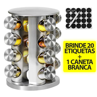 Porta Tempero Condimentos 12/16/20 Potes Giratório Inox Acompanha 20 Etiquetas + 1 Caneta Branca