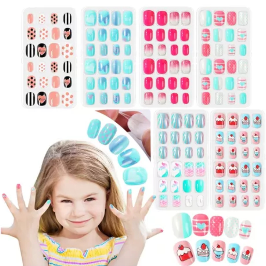 Unhas Posti as Infantil Meninas Kids Decoradas Adesivo Kit 24 Unhas 