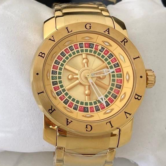 Relógio Cassino Roleta Giratório Dourado Banhado á Ouro 18K Masculino Luxo Homem Pesado Aço Inoxidável