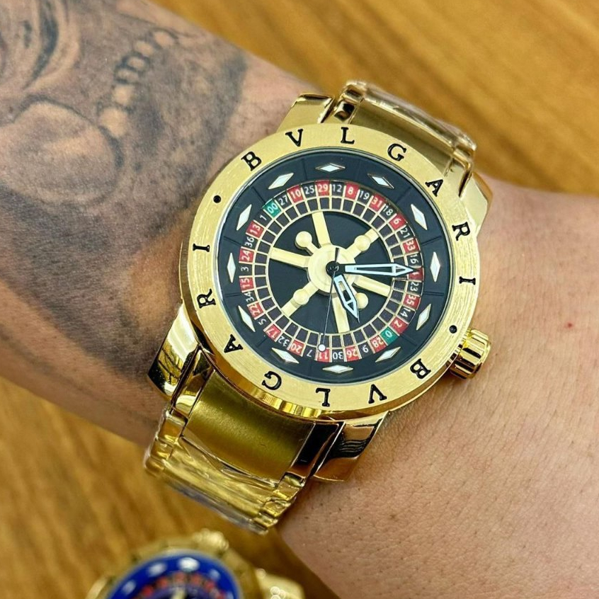 Relógio Cassino Roleta Giratório Dourado Banhado á Ouro 18K Masculino Luxo Homem Pesado Aço Inoxidável Top de Linha