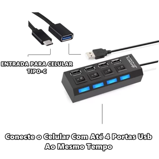 Hub 4 Portas Usb + Otg Tipo C Adaptador De Teclado Mouse Pen Drive Para Celular Kit Mobilador Gamer em Oferta na Shopee