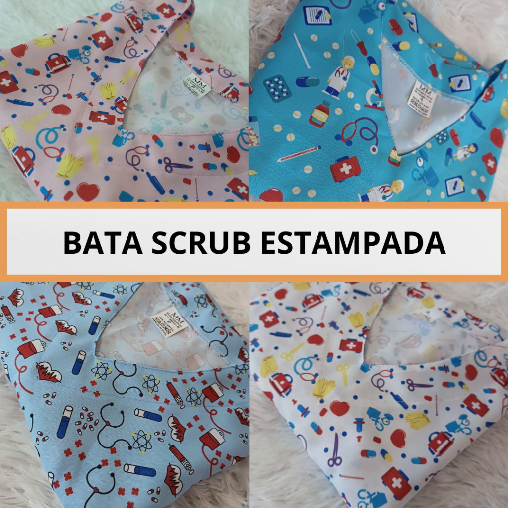 Bata Blusa Scrub Estampada feminina manguinha sobreposta e ajuste atras