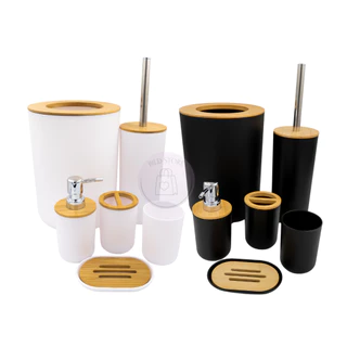 Kit Banheiro 6 Peças Clink Tampa de Bambu Lixeira Escova Sanitaria Porta Escova Saboneteira CopoMult acessórios para banheiro