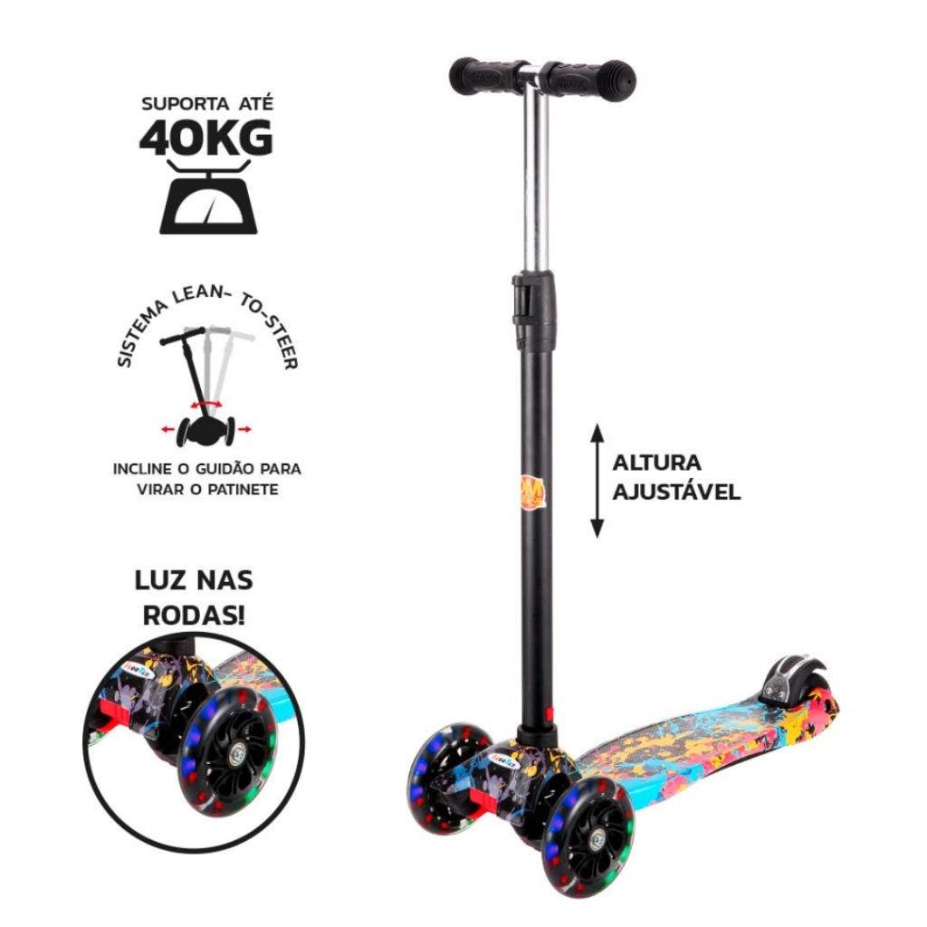 Patinete Flash Radical Trinete 3 Rodas Infantil com Luzes Led DM