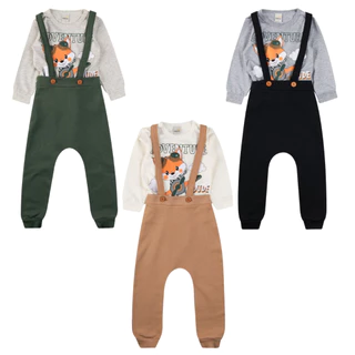 Conjunto Calça Suspensório e Blusa Manga Longa Bebê Menino | Conjunto Inverno Bebê Menino