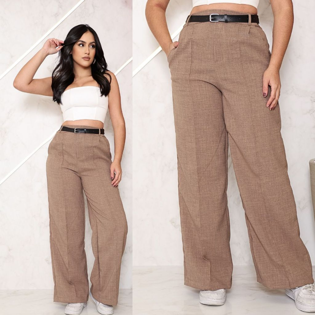 Calça feminina Pantalona linho com Cinto Preto Perna Reta em Linhão Alfaiataria Cintura Alta com Bolsos Sólido Calça Feminina Feminino