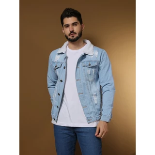 Jaqueta jeans masculino de mangalo gola com pelúcia