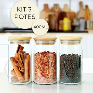 Kit 3 potes de vidro com tampa de bambu herméticos para mantimentos empilháveis 400ml