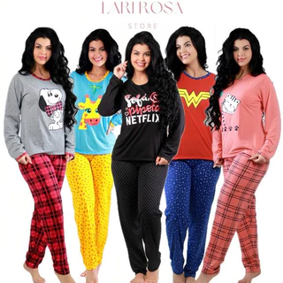 Pijama Longo Feminino Inverno Promoção Malha Adulto Manga Comprida Roupa De Dormir