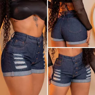Short Jeans Feminino Cintura Alta Modela Bumbum Destroyed Bermuda Jeans Feminina