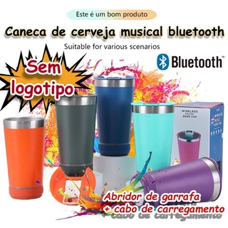 Copo térmico inox com tampa abridor e caixa de som com bluetooth Led 420ML