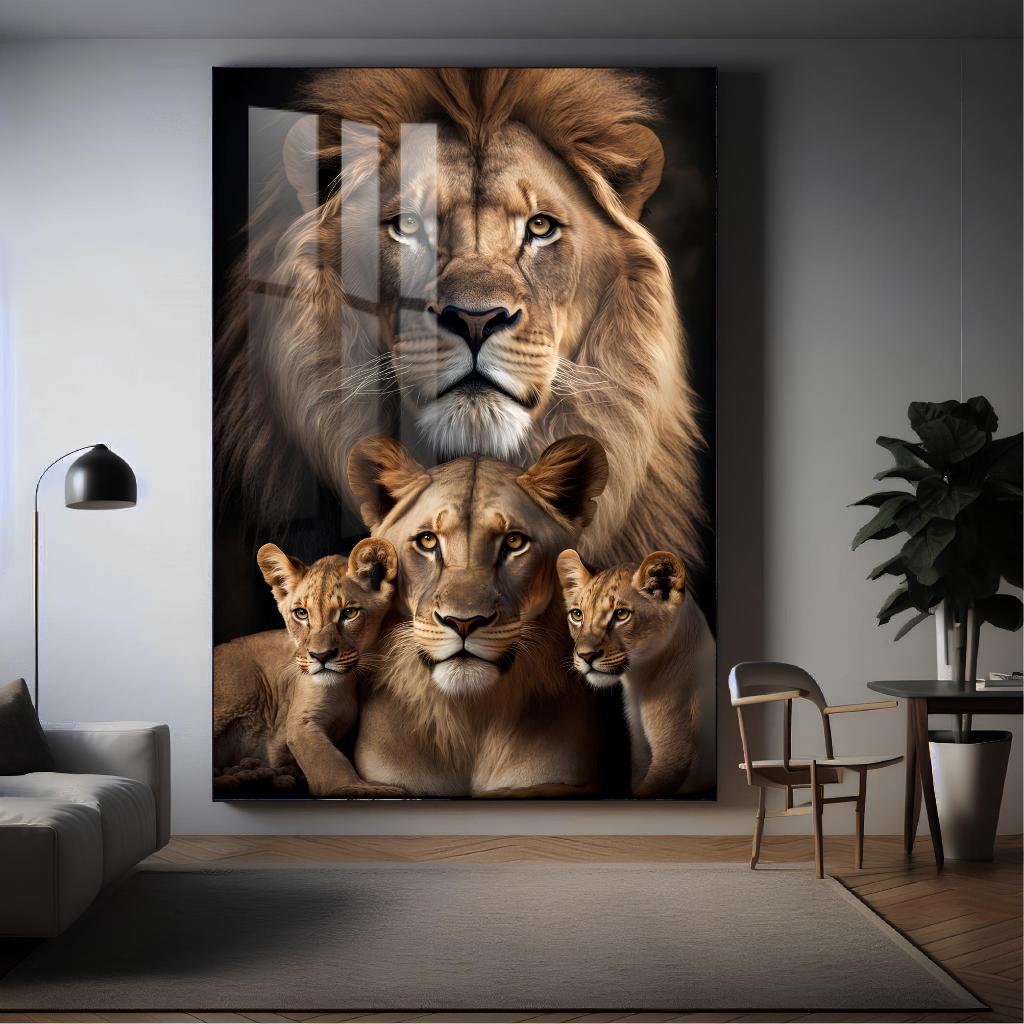 Quadro Decorativo Leão Família Filhotes Mosaico Sala Quarto Escritório Hall