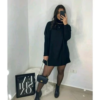 Vestido feminino soltinho manga longa gola alta inverno
