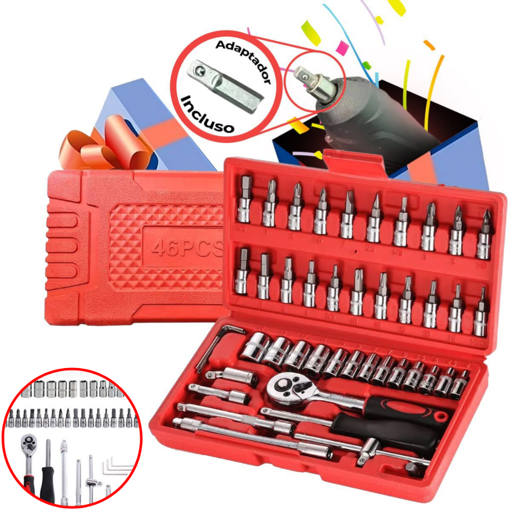 Kit De Ferramentas 46 Peças Jogo De Soquetes Chave Catraca Reversível Com Maleta Jogo De Ferramentas Completo