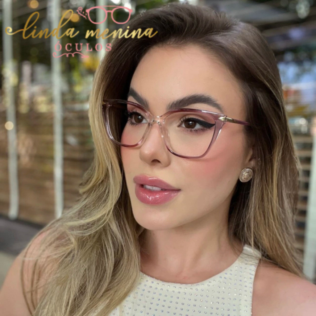 Óculos Feminino Armação Quadrado Lente Transparente Proteção UV | Marrom c/Degradê Lilas