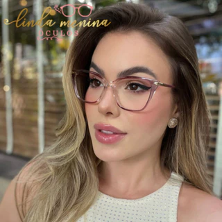 Óculos Feminino Armação Quadrado Lente Transparente Proteção UV | Marrom c/Degradê Lilas