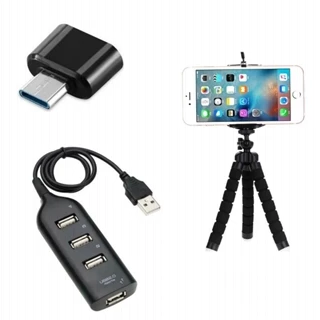 Kit Mobile Gamer Para Celular Hub 4 Portas Usb Para Teclado Mouse + Otg Tipo C Mobilador + Tripé Flexível em Oferta na Shopee