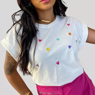 Blusa T-Shirt Feminina Camiseta Basica Algodão Manga Japonesa Coração Bordado