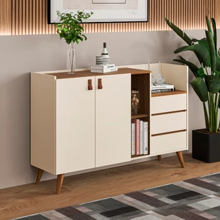 Buffet Aparador com 2 Portas e 3 Gavetas Organizadoras com Pés de Madeira Maciça - Multiuso Stone
