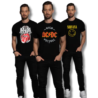 Kit 3 Camiseta Banda de Rock Masculina 100% Algodão 30.1 Camisa Blusa Promoção Nirvana, ACDC, Rolling stones