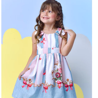 Vestido Infantil Estampa Floral Laço Festa Rodado Rosê