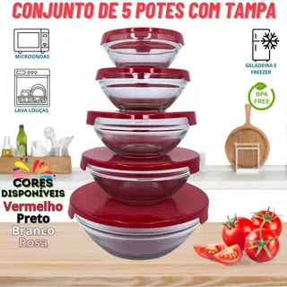 Conjunto Potes de Vidro C/ Tampa Kit 5 ou 3 Tigelas Redonda Hermético Organização Cozinha Alimento