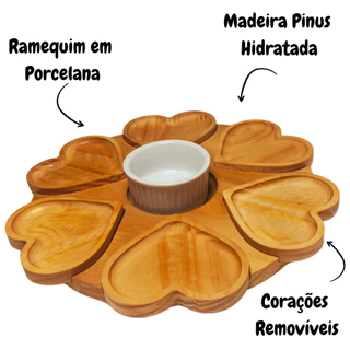 Kit Petisqueira Para Petiscos Tábua de Frios Em Madeira Pinus Com Ramequim