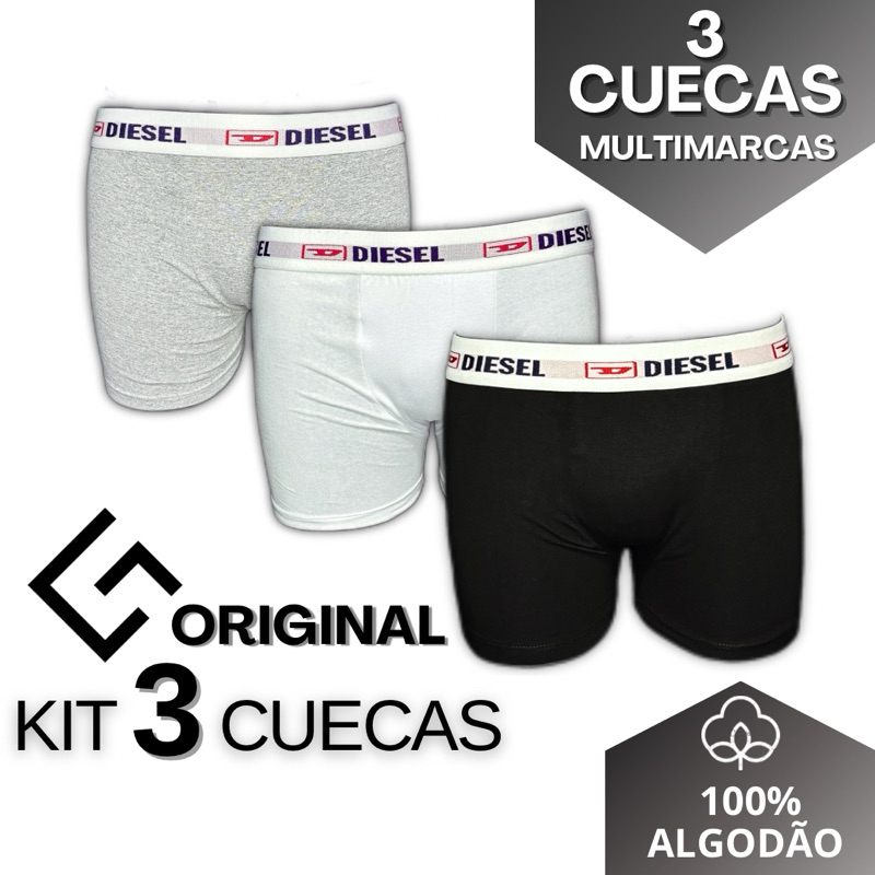 kit 3 cuecas algodão premium boxer
