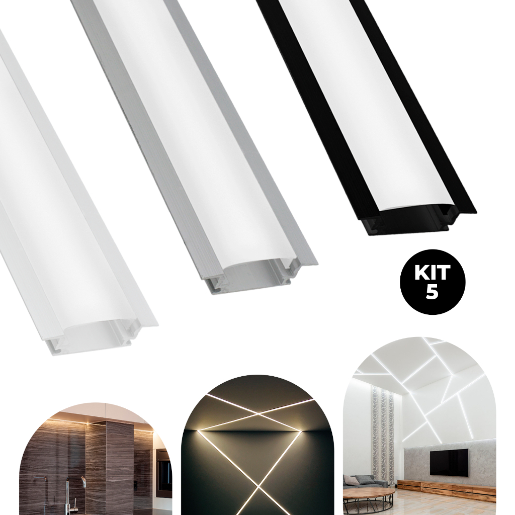 Kit 5 Metros Perfil Alumínio Embutir P/ Fita Led Slim