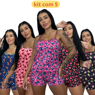 kit 5 Pijama Baby Doll Estampado com Short Roupa de Dormir