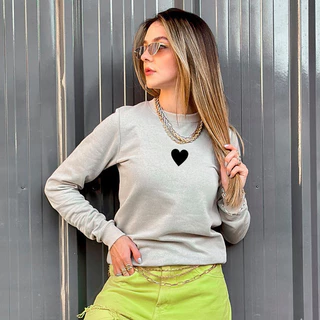 Casaco Feminino Bege Coração Preto Gola Ribana