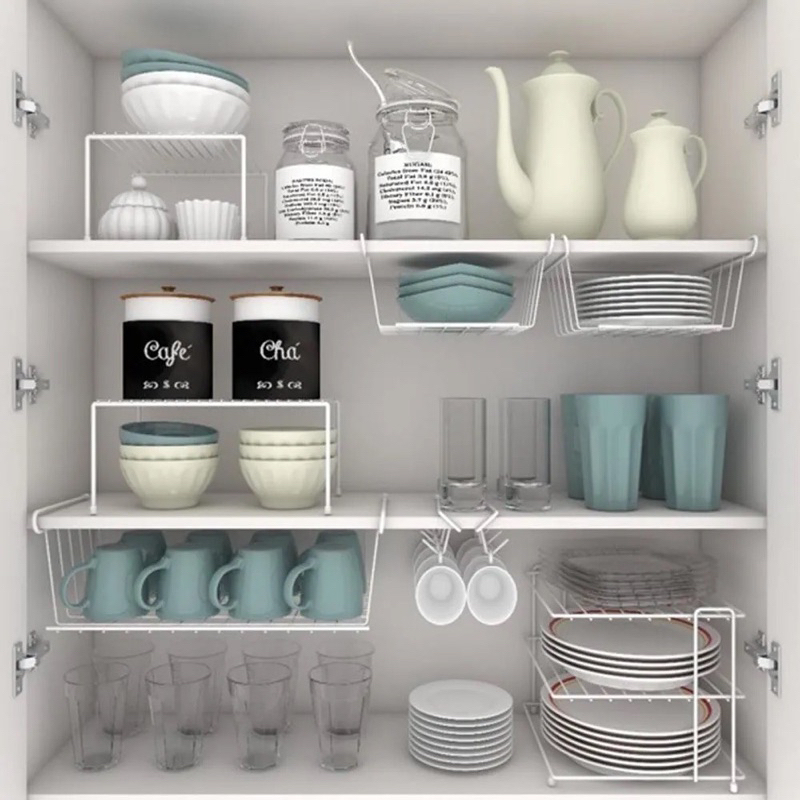 Kit Organizador Cozinha Multiuso Aramado Xícara Prato Cesto Prateleira