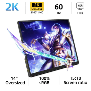 Monitor Portátil, Tipo-C, 2K, 14 ", 2K, 15: 10, 2160x1440, IPS, HDMI, TYPEC, Xbox, PS4, 5, Switch, telefone celular, extensão do computador, escritório