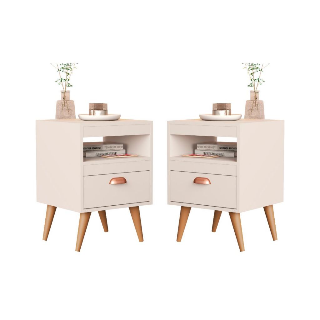 Conjunto Quarto Cabeceira Rubi 1,60m Com 2 Mesas De Cabeceira Pérola - Cama Queen Size Branco/Off White