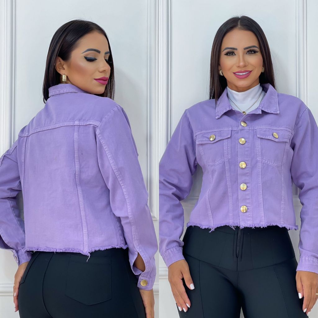 Jaqueta Feminina Jeans CroppedCor Roxo Detalhes Destroyed | Shopee Brasil