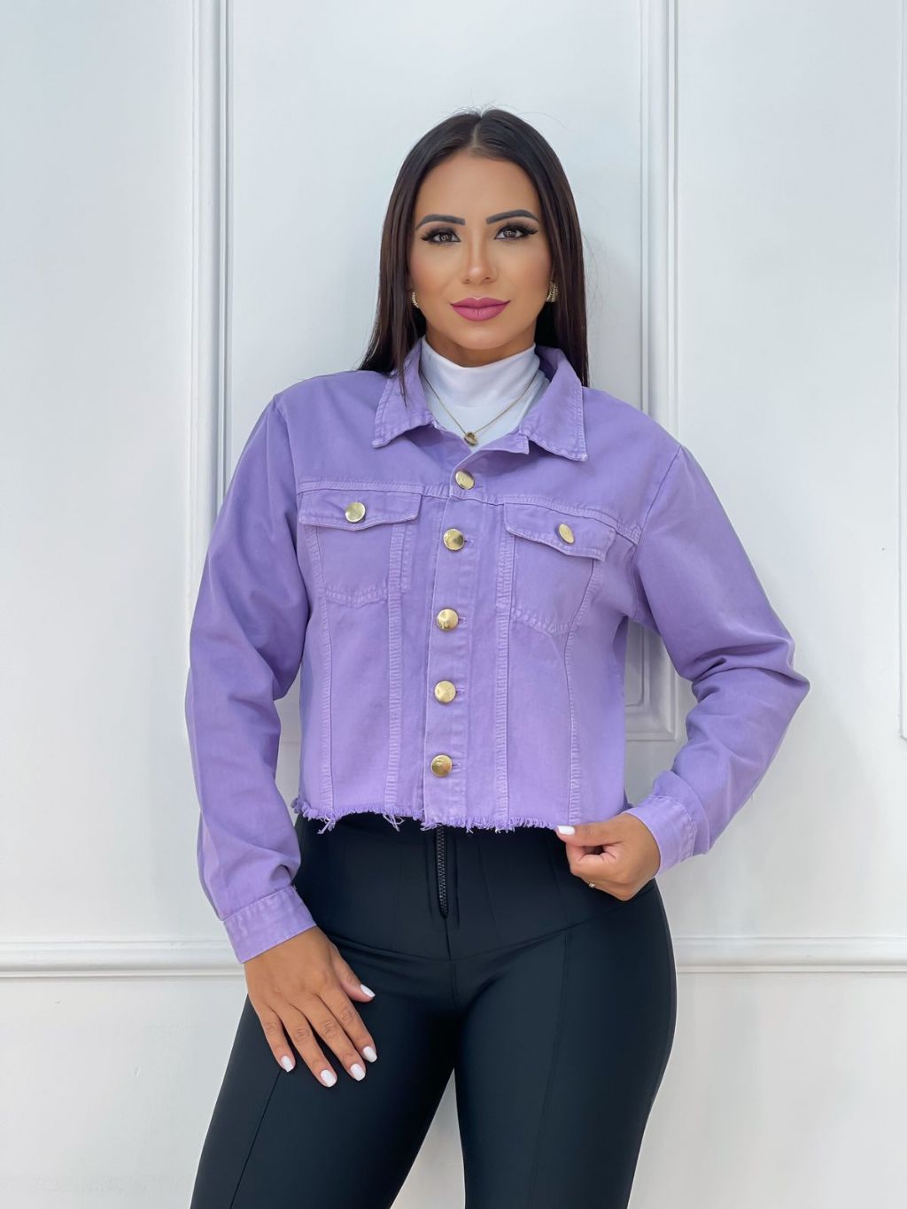 Jaqueta Feminina Jeans CroppedCor Roxo Detalhes Destroyed | Shopee Brasil