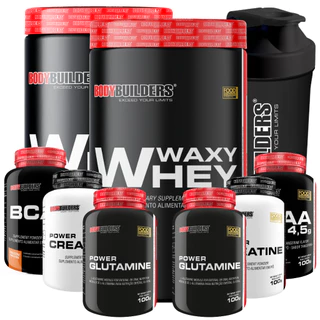Kit 2x Waxy Whey 900g + 2x BCAA 100g + 2x Power Creatina 100g + 2x Power Glutamina 100g + Coqueteleira - Bodybuilders