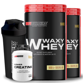 KIT 2x Whey Protein Waxy Whey Pote 900g + Power Creatina 100g + Coqueteleira Bodybuilders