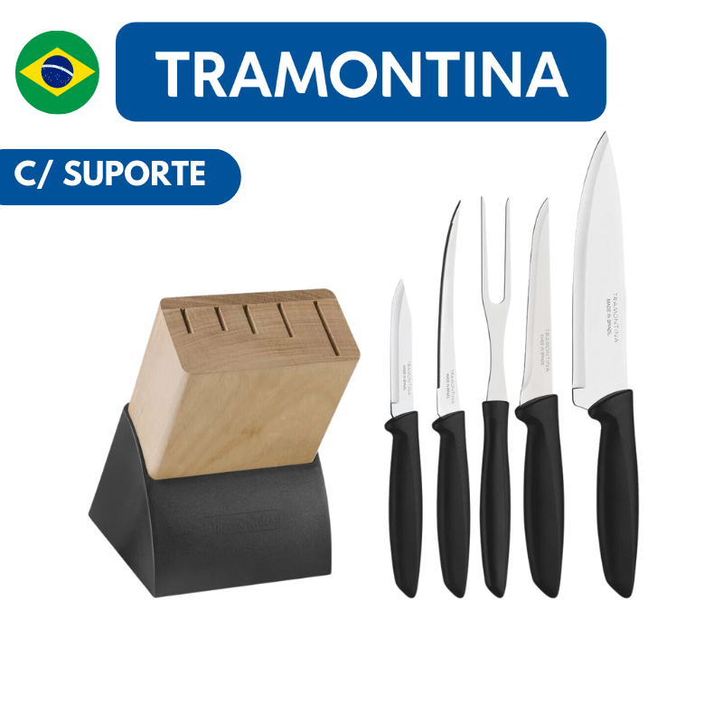 Jogo De Facas 6 Peças Tramontina Plenus Com Suporte e Cabo Preto