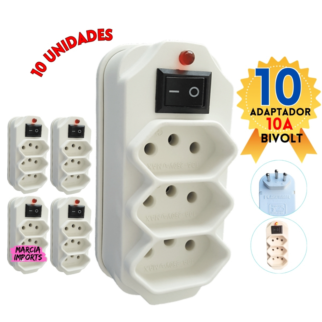10 Unidades Adaptador de Tomadas Benjamin com 3 Pinos 10A New Jack