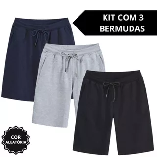Kit 3 Bermudas Moletom Esporte Com Bolso E Elástico Muito Confortável