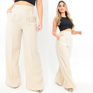 Calça Pantalona linho Alfaiataria Cintura Alta com Bolsos Sólido Lycra elástico cós Calça Feminina Feminino