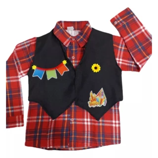 Roupa Caipira Festa Junina Camisa Manga Longa Infantil Xadrez C/ Colete Temático Junino São João Arraial